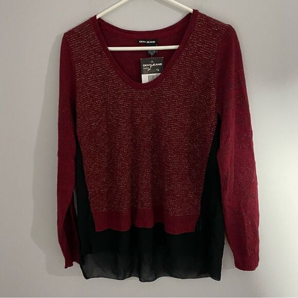 DKNY Jeans Mixed Media Textured V Neck Metallic Thread Sweater L - Picture 1 of 3